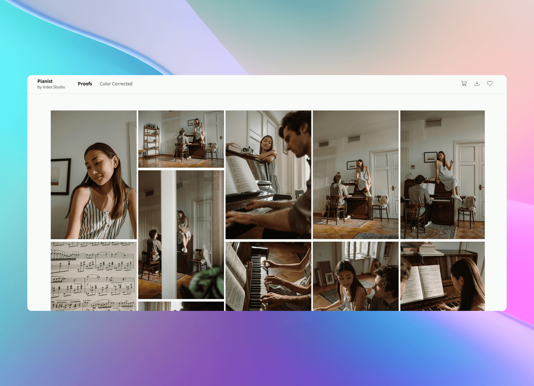Pixpics gallery screen with clearly separated original and retouched albums